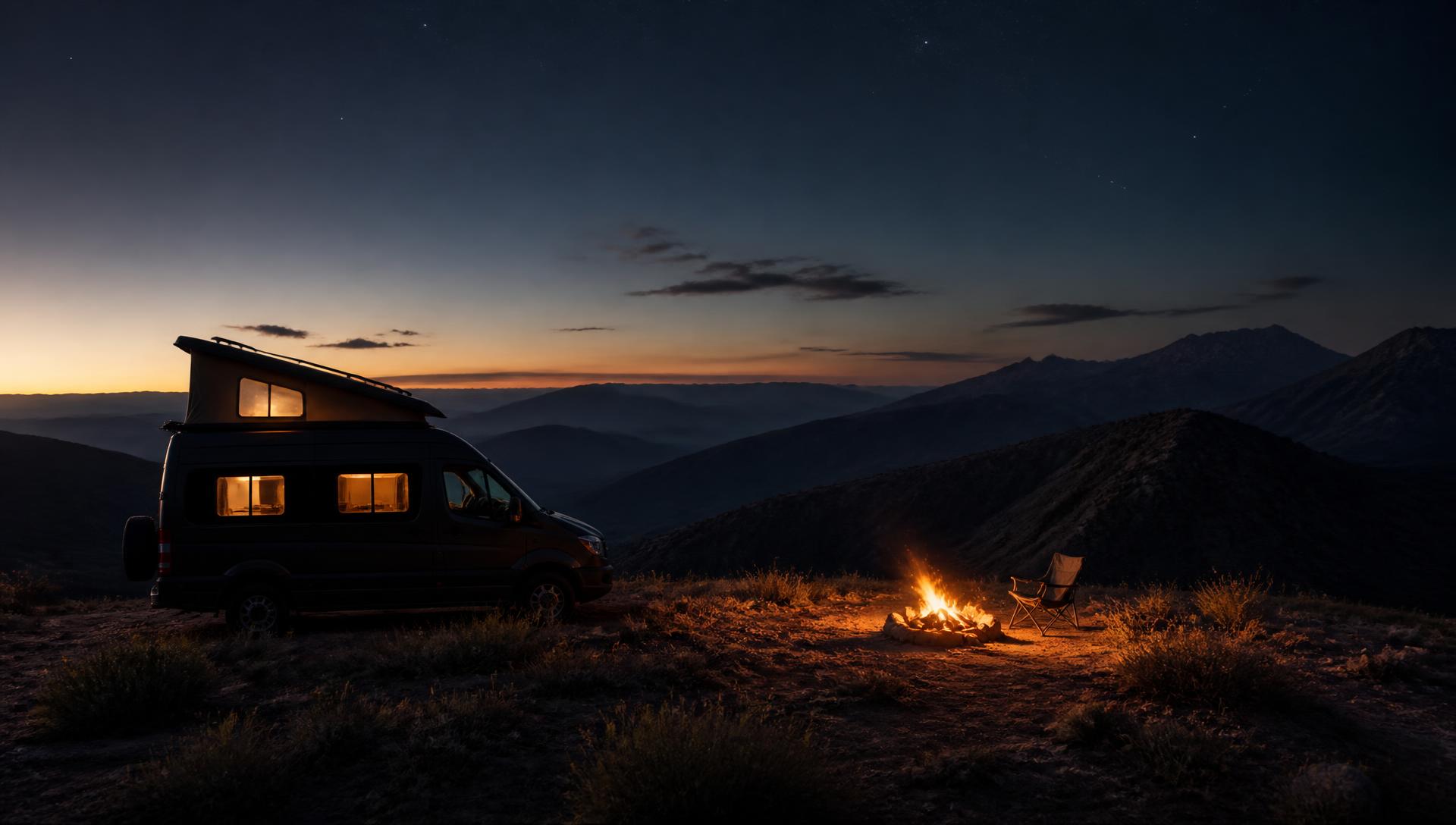Camper van parked on a remote ridge at dusk with a campfire burning